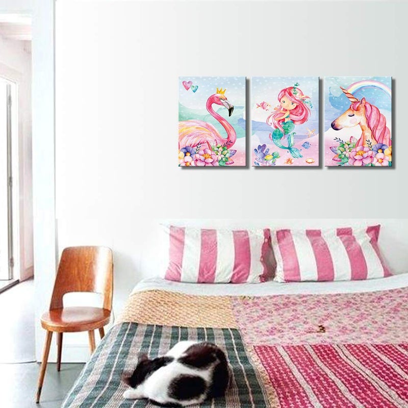 CANVASZON Unicorn Wall Decor Mermaid Flamingo Inspirational Framed Wall Art Prints Pink Horse Flower for Living Room Girls Room Decoration Pink Home Wall Decoration Girls Room Kids Bedroom Gift 3 Panels - Image 5